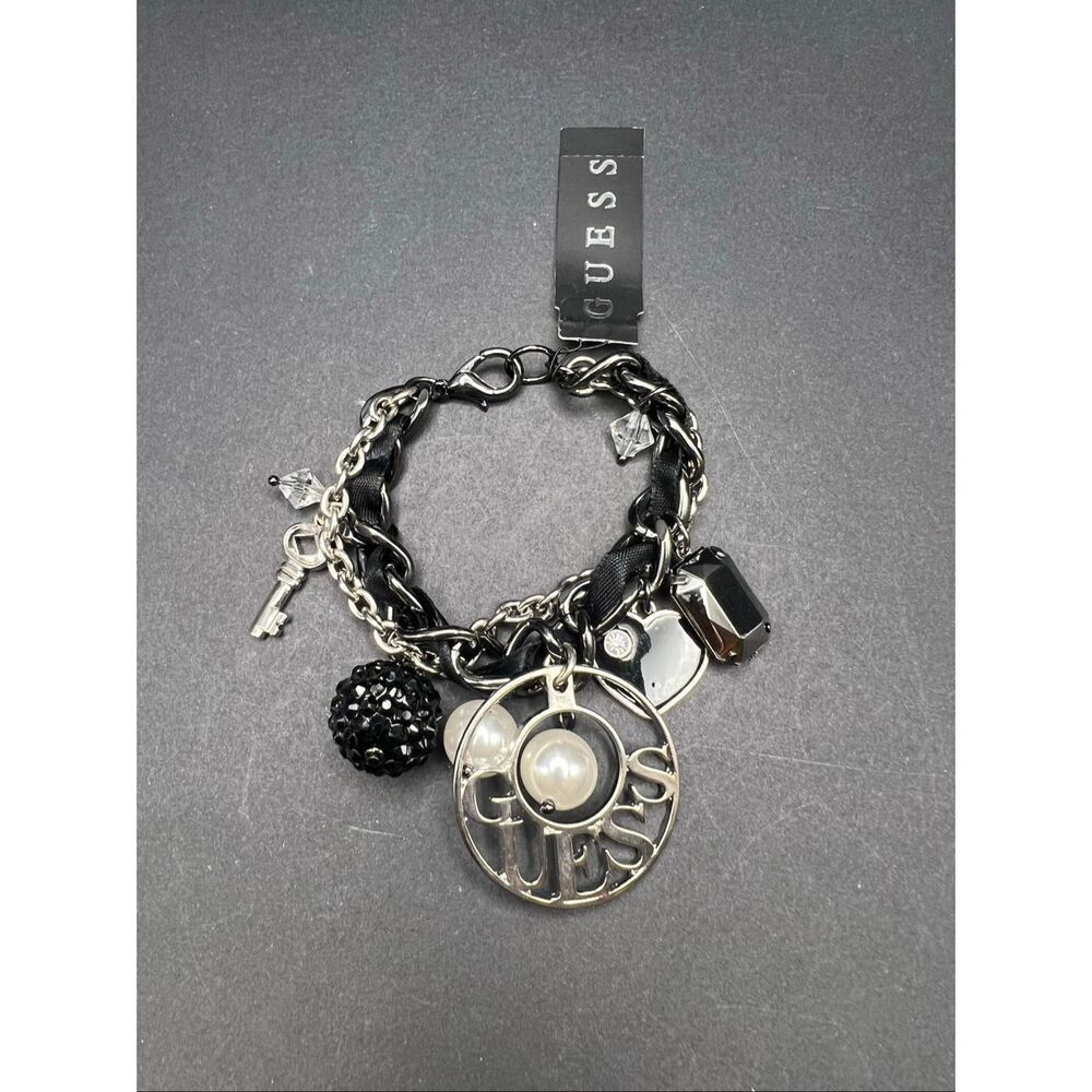 New! Guess Black Silver Tone Chunky Charm Faux Pearl Rhinestone Heart Bracelet